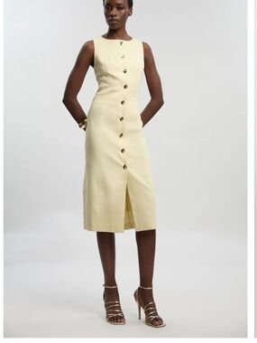 Karen Millen Pale Yellow Sleeveless Button-Front Midi Dress Sz 8 NWT